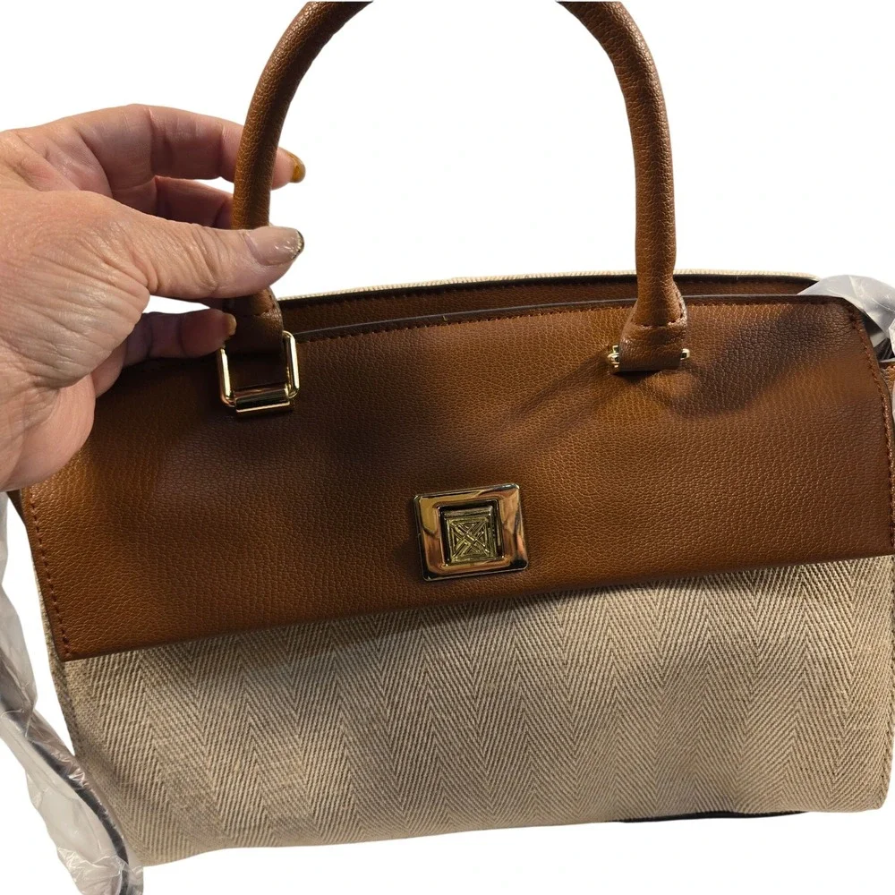 Antonio Melani Brown Leather Beige Herringbone Satchel Handbag RN 58909